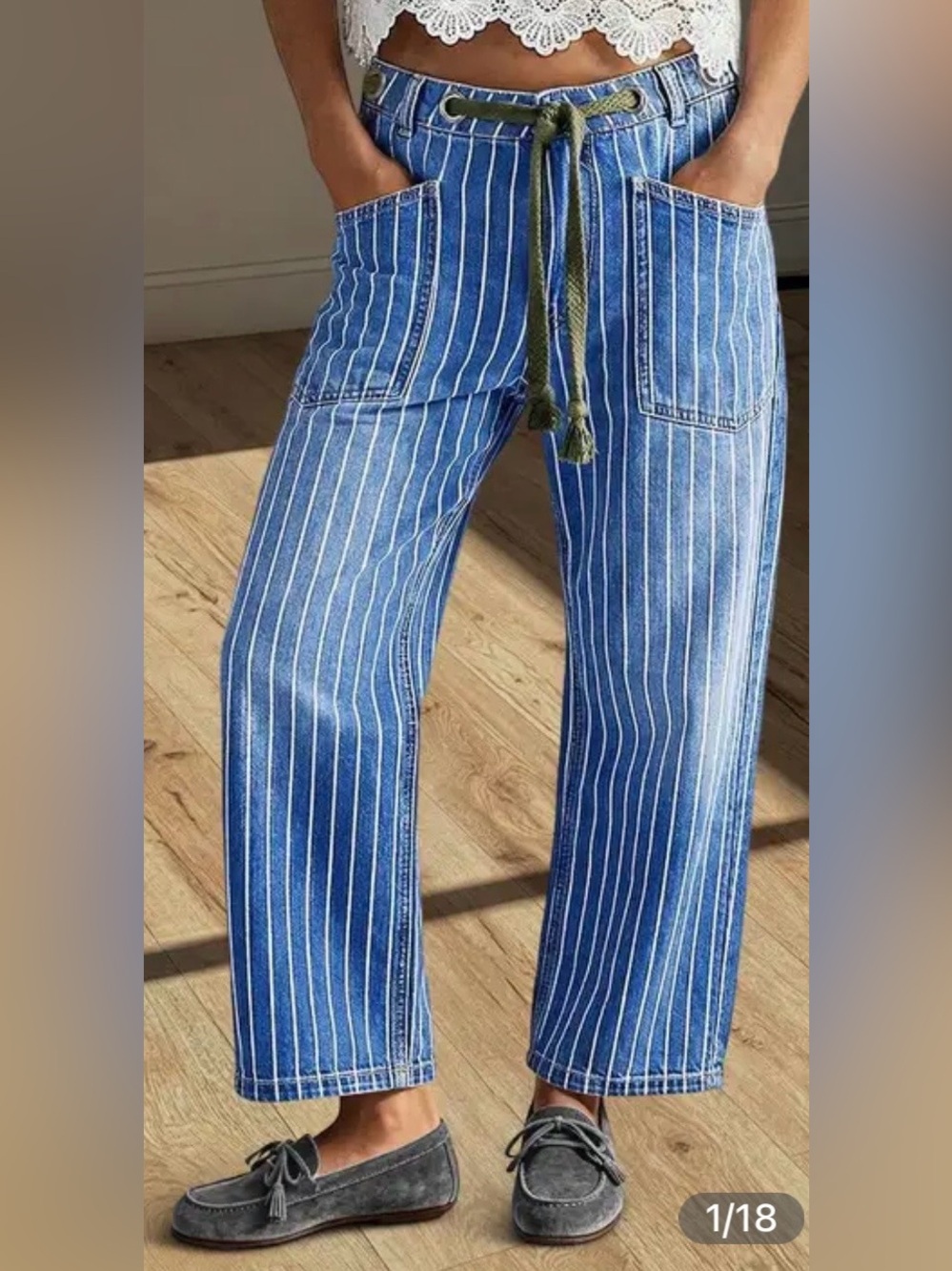 Flamingals Pinstriped Drawstring Patch Pocket High Waist Straight Leg Crop Jeans